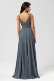 A-Line V Neck Beaded Long Twilight Bridesmaid Dress