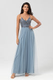 A-Line Spaghetti Straps Beaded Tulle Dusty Blue Bridesmaid Dress