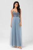 A-Line Spaghetti Straps Beaded Tulle Dusty Blue Bridesmaid Dress