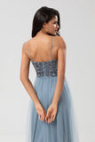 A-Line Spaghetti Straps Beaded Tulle Dusty Blue Bridesmaid Dress