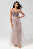 A-Line Spaghetti Straps Beaded Tulle Dusty Blue Bridesmaid Dress