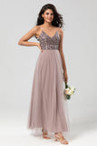 A-Line Spaghetti Straps Beaded Tulle Dusty Blue Bridesmaid Dress