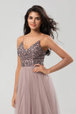 A-Line Spaghetti Straps Beaded Tulle Dusty Blue Bridesmaid Dress