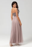 A-Line Spaghetti Straps Beaded Tulle Dusty Blue Bridesmaid Dress