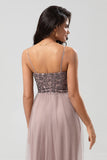 A-Line Spaghetti Straps Beaded Tulle Dusty Blue Bridesmaid Dress