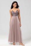 A-Line Spaghetti Straps Beaded Tulle Dusty Blue Bridesmaid Dress