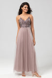 A-Line Spaghetti Straps Beaded Tulle Dusty Pink Bridesmaid Dress