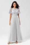 A-Line Round Neck Embroidered Tulle Grey Bridesmaid Dress With Beading