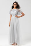 A-Line Round Neck Embroidered Tulle Grey Bridesmaid Dress With Beading