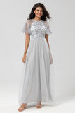 A-Line Round Neck Embroidered Tulle Grey Bridesmaid Dress With Beading