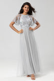 A-Line Round Neck Embroidered Tulle Grey Bridesmaid Dress With Beading