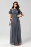 A-Line Round Neck Embroidered Tulle Grey Bridesmaid Dress With Beading