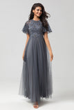 A-Line Round Neck Embroidered Tulle Grey Bridesmaid Dress With Beading