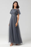 A-Line Round Neck Embroidered Tulle Grey Bridesmaid Dress With Beading