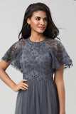 A-Line Round Neck Embroidered Tulle Grey Bridesmaid Dress With Beading