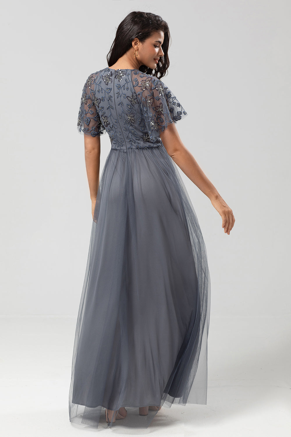 A-Line Embroidered Tulle Twilight Bridesmaid Dress With Beading