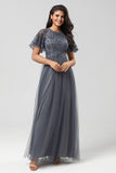 A-Line Round Neck Embroidered Tulle Grey Bridesmaid Dress With Beading