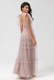 A-Line Embroidered Tulle Dusty Pink Bridesmaid Dress With Beading