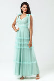 A-Line Embroidered Tulle Mint Bridesmaid Dress With Beading