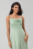 Dusty Sage A-Line Spaghetti Straps Embroidered Chiffon Bridesmaid Dress