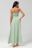 Dusty Sage A-Line Spaghetti Straps Embroidered Chiffon Bridesmaid Dress