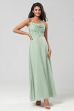 Dusty Sage A-Line Spaghetti Straps Embroidered Chiffon Bridesmaid Dress