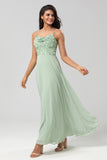 Dusty Sage A-Line Spaghetti Straps Embroidered Chiffon Bridesmaid Dress