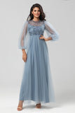 A-Line Tulle Beaded Dusty Blue Bridesmaid Dress With Long Sleeves