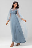 A-Line Tulle Beaded Dusty Blue Bridesmaid Dress With Long Sleeves