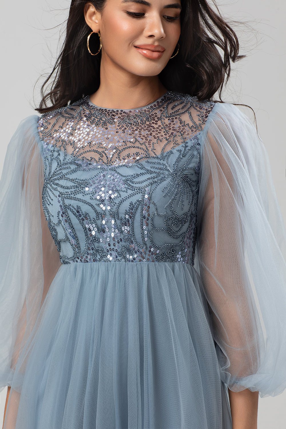 Wedtrend Women Dusty Blue Bridesmaid Dress With Beading A-Line Long Sleeves Embroidered Tulle Long Wedding Party Dress WEDTREND Wedtrend Women Dusty Blue Bridesmaid Dress With Beading A-Line Long Sleeves Embroidered Tulle Long Wedding Party Dress WEDTREND