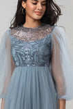 A-Line Tulle Beaded Dusty Blue Bridesmaid Dress With Long Sleeves