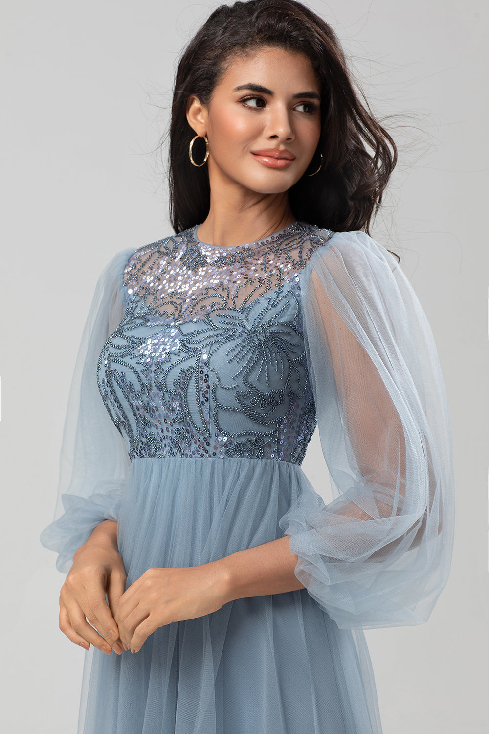A-Line Tulle Beaded Dusty Blue Bridesmaid Dress With Long Sleeves