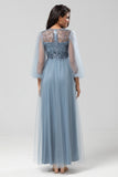 A-Line Round Neck Tulle Beaded Bridesmaid Dress With Long Sleeves