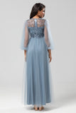 A-Line Tulle Beaded Dusty Blue Bridesmaid Dress With Long Sleeves