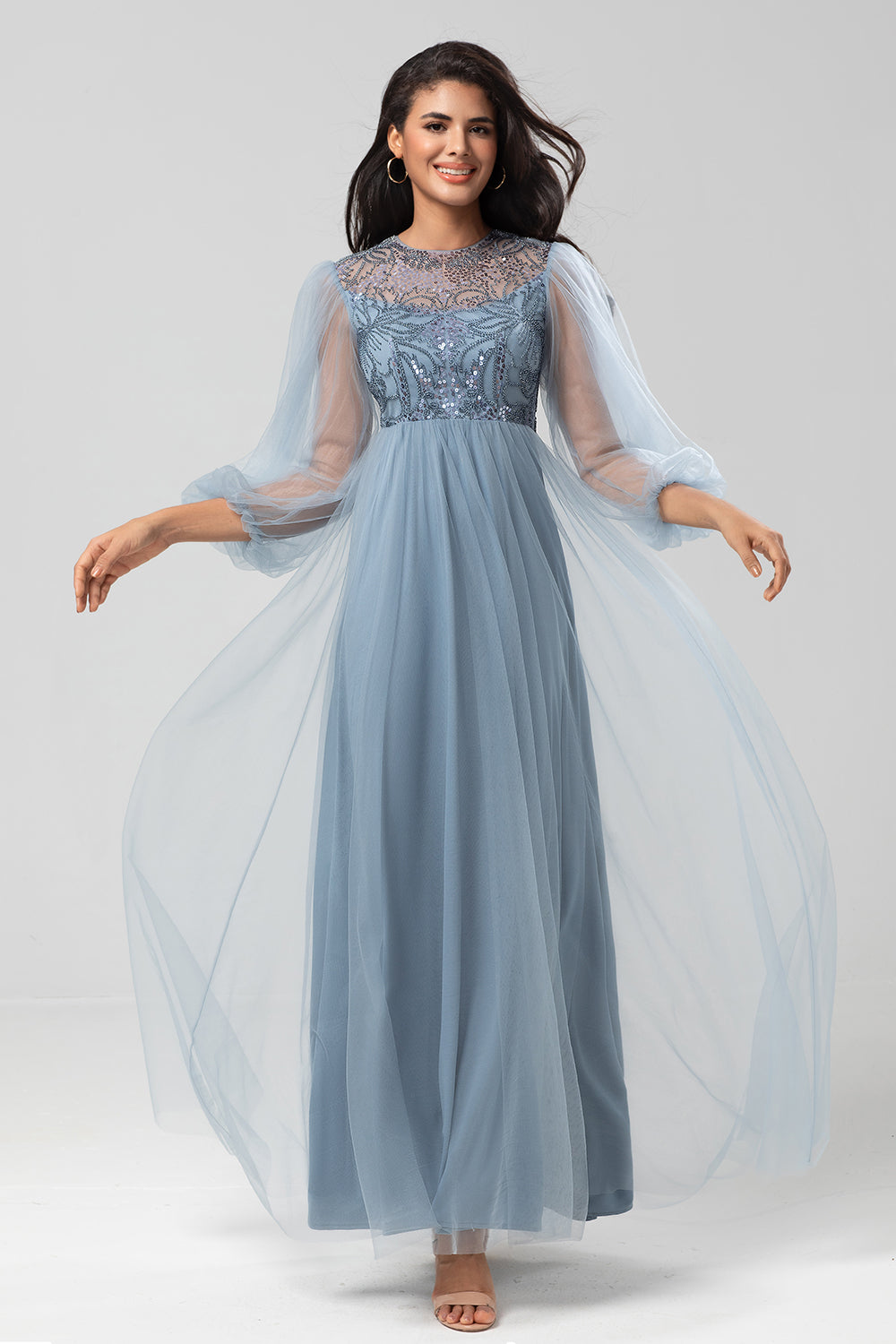 Wedtrend Women Dusty Blue Bridesmaid Dress With Beading A-Line Long Sleeves Embroidered Tulle Long Wedding Party Dress WEDTREND Wedtrend Women Dusty Blue Bridesmaid Dress With Beading A-Line Long Sleeves Embroidered Tulle Long Wedding Party Dress WEDTREND