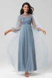 A-Line Tulle Beaded Dusty Blue Bridesmaid Dress With Long Sleeves