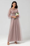 A-Line Tulle Beaded Dusty Blue Bridesmaid Dress With Long Sleeves