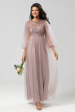 A-Line Tulle Beaded Dusty Blue Bridesmaid Dress With Long Sleeves