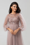 A-Line Tulle Beaded Dusty Blue Bridesmaid Dress With Long Sleeves