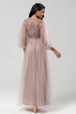A-Line Tulle Beaded Dusty Blue Bridesmaid Dress With Long Sleeves