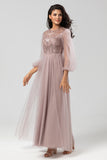 A-Line Tulle Beaded Dusty Blue Bridesmaid Dress With Long Sleeves