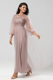 A-Line Tulle Beaded Dusty Blue Bridesmaid Dress With Long Sleeves