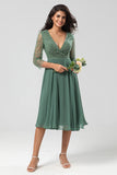 A Line V-Neck Beaded Long Sleeves Embroidered Chiffon Bridesmaid Dress