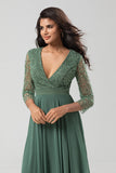 A Line V-Neck Beaded Long Sleeves Embroidered Chiffon Bridesmaid Dress