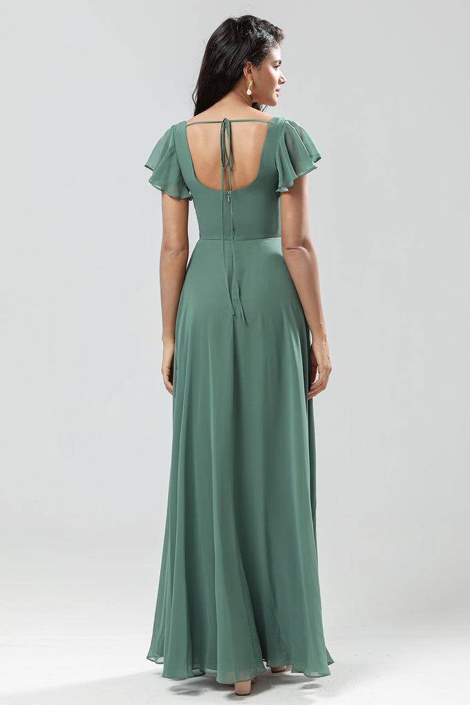 Eucalyptus A-Line Corset Tiered Long Bridesmaid Dress with Ruffle Slit