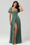 Eucalyptus A Line Square Neck Chiffon Puff Sleeves Bridesmaid Dress With Slit