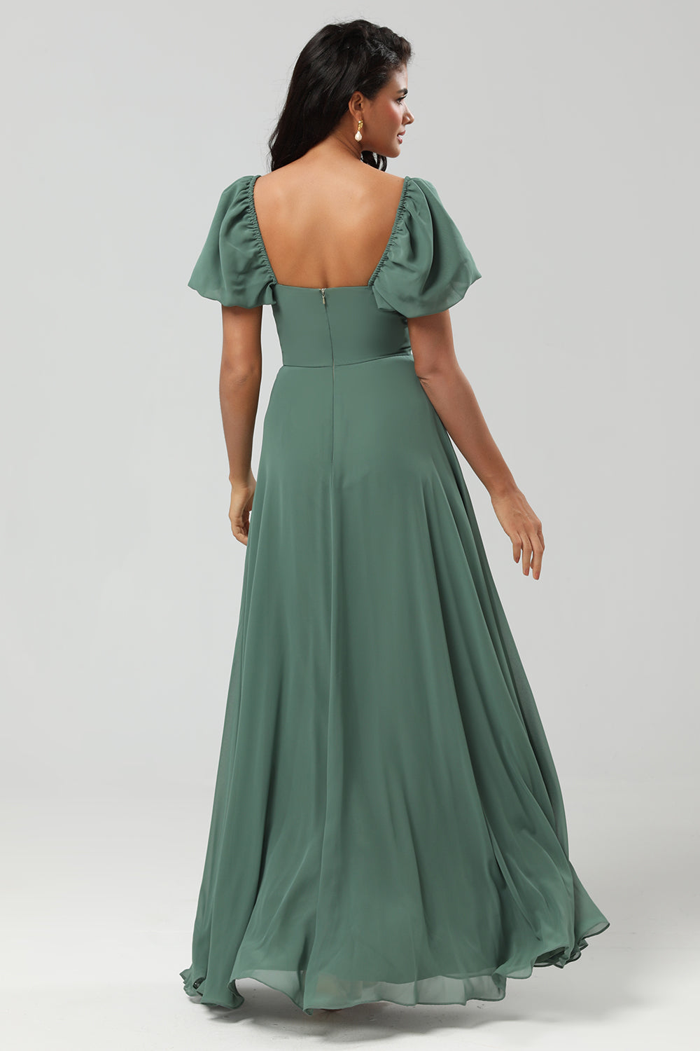 Wedtrend Women Eucalyptus Bridesmaid Dress With Slit A Line Square Neck Chiffon Puff Sleeves Wedding Guest Dress WEDTREND Wedtrend Women Eucalyptus Bridesmaid Dress With Slit A Line Square Neck Chiffon Puff Sleeves Wedding Guest Dress WEDTREND