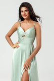 A Line Spaghetti Straps Keyhole Green Bridesmaid Dress with Slit
