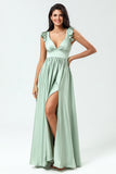 Backless Deep V-Neck A Line Green Split Bridesmaid Dress with Ruffles