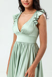 Backless Deep V-Neck A Line Green Split Bridesmaid Dress with Ruffles